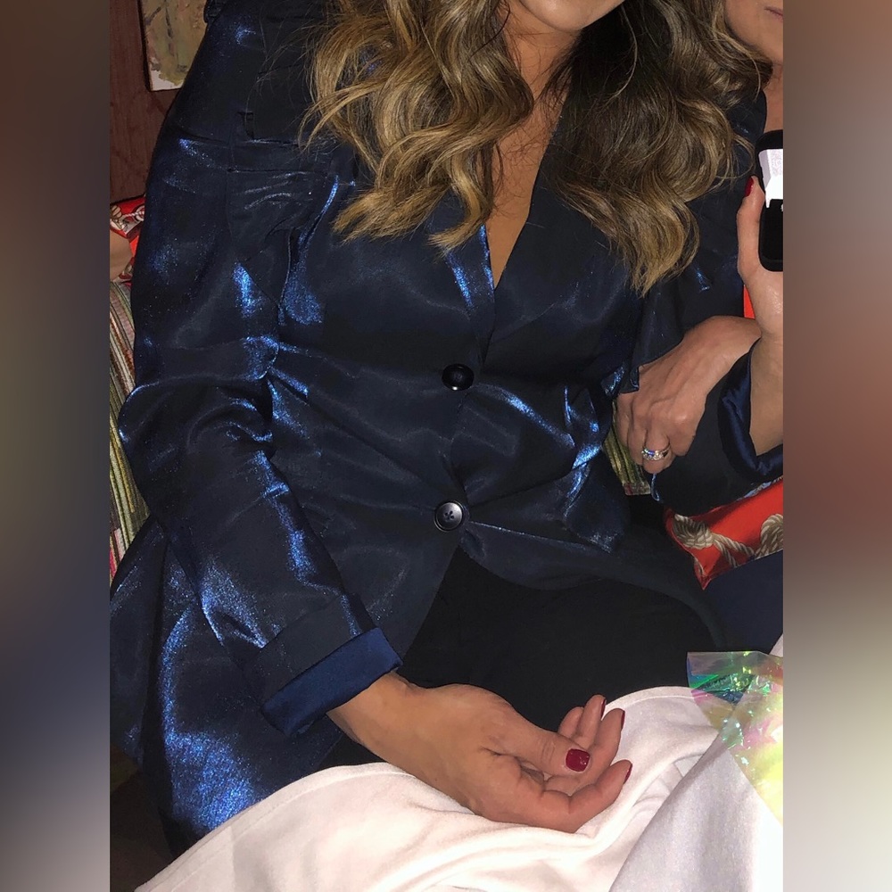 Metallic Navy blazer with ruffle shoulder